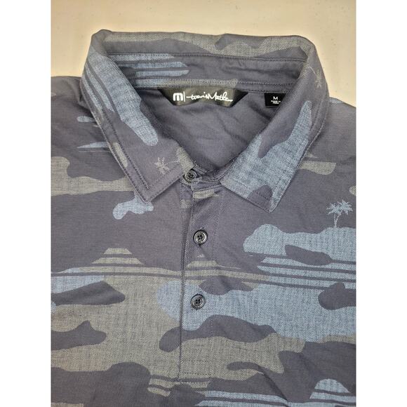 Travis Mathew Polo Shirt Mens Medium Blue Gray Camo Palm Tree Golf Performance - Picture 1 of 9